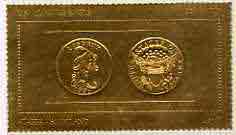 Staffa 1980 US Coins (1796 Quarter Eagle $2.5 coin both sides) on \A38 perf label embossed in 22 carat gold foil (Rosen 887) unmounted mint, stamps on coins, stamps on americana