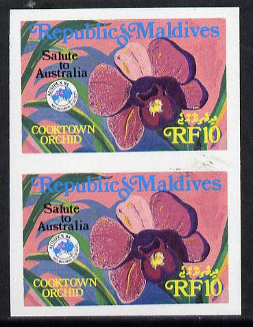 Maldive Islands 1984 Ausipex Stamp Exhibition Orchids 10Fr imperf pair, stamps on flowers  orchids, stamps on stamp exhibitions
