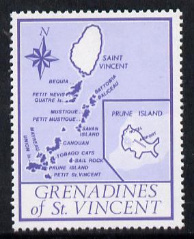 St Vincent - Grenadines 1977 the unissed Map stamp (without value) with Royal Visit overprint omitted (Map of Prune Island in blue) unmounted mint, stamps on maps, stamps on royal visit