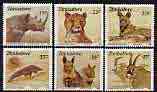 Zimbabwe 1989 Endangered Species perf set of 6 unmounted mint, SG 762-67*, stamps on animals, stamps on rhino<cheetah, stamps on cats, stamps on hyena, stamps on dogs, stamps on antelope