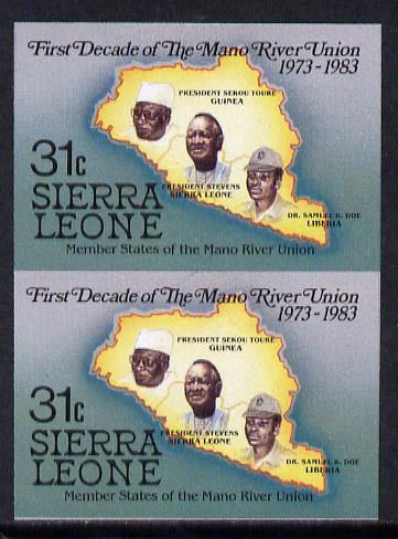Sierra Leone 1984 Mano River 31c (Map & Presidents) imperf pair unmounted mint as SG 785, stamps on maps   rivers
