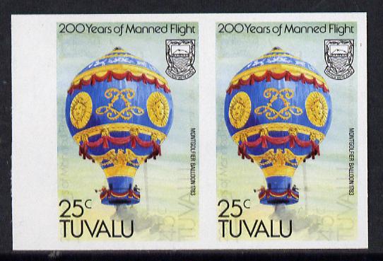 Tuvalu 1983 Manned Flight 25c (Montgolfier Balloon) imperf pair with feint offset of 45c on front (as SG 225), stamps on aviation, stamps on balloons