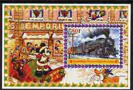 Congo 2005 Steam Locos #04 perf s/sheet with Disney characters in background cto used, stamps on disney, stamps on railways