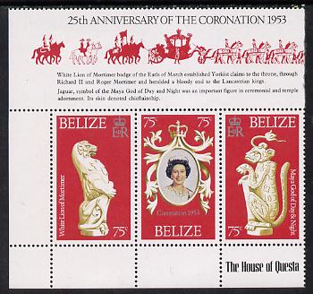 Belize 1978 Coronation 25th Anniversary strip of 3 (QEII, Maya God & Lion) unmounted mint SG 464-6, stamps on artefacts, stamps on religion, stamps on royalty, stamps on cats, stamps on coronation, stamps on arms, stamps on heraldry