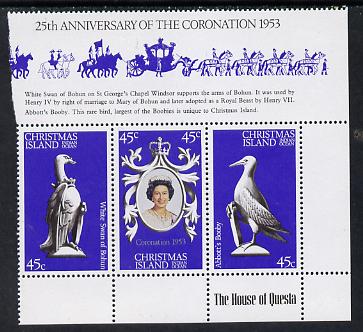 Christmas Island 1978 Coronation 25th Anniversary strip of 3 (QEII, Swan & Booby) unmounted mint SG 96-8, stamps on , stamps on  stamps on birds, stamps on  stamps on royalty, stamps on  stamps on coronation, stamps on  stamps on arms, stamps on  stamps on heraldry