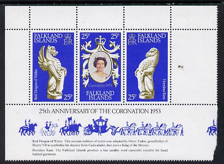Falkland Islands 1978 Coronation 25th Anniversary strip of 3 (QEII, Dragon & Ram) unmounted mint SG 348-50, stamps on , stamps on  stamps on dragon, stamps on  stamps on ram, stamps on royalty, stamps on  stamps on coronation, stamps on  stamps on arms, stamps on  stamps on heraldry