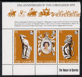 Gambia 1978 Coronation 25th Anniversary strip of 3 (QEII, Lion & Greyhound) SG 397-99 unmounted mint, stamps on cats  dogs  royalty   greyhound      coronation, stamps on arms, stamps on heraldry