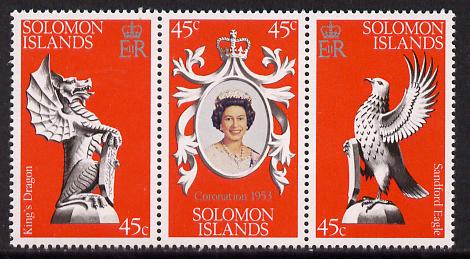 Solomon Islands 1978 Coronation 25th Anniversary strip of 3 (QEII, Dragon & Sea Eagle) unmounted mint SG 357-59, stamps on , stamps on  stamps on dragon, stamps on  stamps on birds of prey, stamps on  stamps on royalty, stamps on  stamps on coronation, stamps on  stamps on arms, stamps on  stamps on heraldry