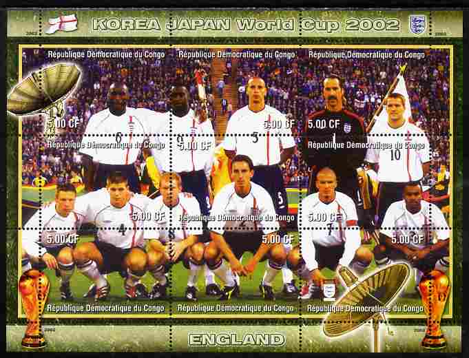 Congo 2002 Korea Japan World Cup Football Teams - England perf composite sheetlet containing 9 values unmounted mint. Note this item is privately produced and is offered ..., stamps on sport, stamps on football, stamps on flags