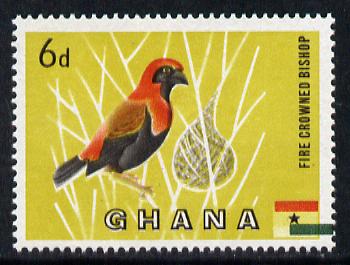 Ghana 1959-61 Red Crowned Bishop Bird 6d with green from flag misplaced 2mm to right unmounted mint, SG 220var, stamps on birds, stamps on flags