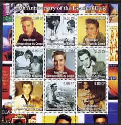 Congo 2002 25th Death Anniversary of Elvis Presley #1 perf sheetlet containing 9 values fine cto used, stamps on entertainments, stamps on films, stamps on cinema, stamps on elvis, stamps on music