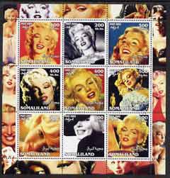 Somaliland 2002 Marilyn Monroe #1 perf sheetlet containing 9 values fine cto used, stamps on films, stamps on entertainments, stamps on cinema, stamps on marilyn monroe