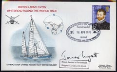 Great Britain 1974 British Army Round the World Yacht race cover carried on board 'British Soldier' during stage 4 (Rio to Portsmouth) bearing Great Britain Explorers 5p with special cancel and signed by the Skipper Lt Col James Myatt, stamps on militaria, stamps on yacht, stamps on sailing