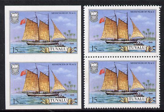 Tuvalu 1986 Ships #3 Schooner Messenger of Peace 15c imperf pair plus normal pair (as SG 377), stamps on ships, stamps on peace
