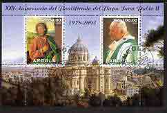 Angola 2003 Pope John Paul II - 25th Anniversary of Pontificate perf sheetlet containing 2 values fine cto used, stamps on personalities, stamps on religion, stamps on pope, stamps on 