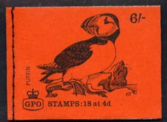 Great Britain 1968-70 Birds - Puffin (red cover July 1969) 6s booklet complete and fine, SG QP49, stamps on birds, stamps on puffins, stamps on disasters, stamps on 