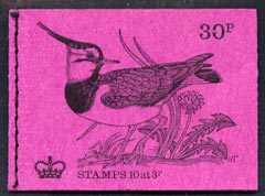 Great Britain 1971-73 Birds #2 - Lapwing (purple cover June 1971) 30p booklet complete and fine, SG DQ58, stamps on birds, stamps on lapwings