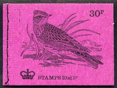 Great Britain 1971-73 Birds #7 - Skylark (purple cover Feb 1973) 30p booklet complete and fine, SG DQ69, stamps on birds, stamps on skylarks