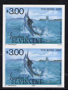 St Vincent - Grenadines 1985 Tourism Watersports $3 (Deep Sea Game Fishing) imperf pair unmounted mint (SG 389var), stamps on fishing  marine-life  sport  tourism, stamps on gamefish