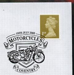Postmark - Great Britain 2005 cover celebrating Mororcycles with illustrated Coventry cancel (showing a Triumph), stamps on motorbikes