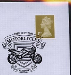 Postmark - Great Britain 2005 cover celebrating Mororcycles with illustrated Wolverhampton cancel (showing a 1991 Norton), stamps on motorbikes
