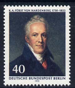 Germany - West Berlin 1972 Death Anniversary of Karl August von Hardenberg (statesman) unmounted mint, SG B429, stamps on constitutions, stamps on judaica