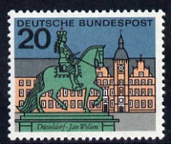 Germany - West 1964 Jan Wellens monument & Town Hall Dusseldorf 20pf unmounted mint, from Capitals of the Federal Lands set of 12, SG 1337          , stamps on architecture, stamps on horses, stamps on sculpture