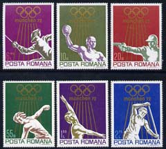 Rumania 1972 Munich Olympics (2nd issue) perf set of 6 unmounted mint, SG 3914-19, stamps on olympics, stamps on water polo, stamps on shooting, stamps on discus, stamps on gymnastics, stamps on rowing, stamps on canoeing, stamps on fencing, stamps on  gym , stamps on gymnastics, stamps on 