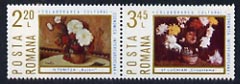 Rumania 1974 Inter-European Cultural and Economic Co-operation se-tenant set of two flower paintings unmounted mint SG 4136-37, stamps on , stamps on  stamps on flowers, stamps on  stamps on arts, stamps on  stamps on peonies, stamps on  stamps on chrysanthemums