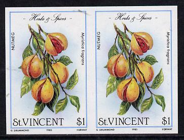 St Vincent 1985 Herbs & Spices $1 (Nutmeg) imperf pair (SG 870var), stamps on food      herbs & spices