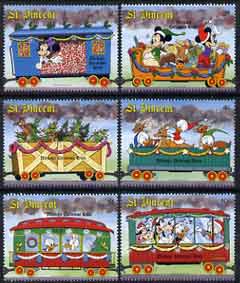 St Vincent 1988 Christmas - Mickey's Christmas Train - 6 vals to 10c unmounted mint, SG 1160-65, stamps on disney, stamps on christmas, stamps on railways, stamps on animals, stamps on reindeer, stamps on tennis, stamps on teddy bears, stamps on sugar