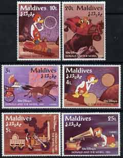Maldive Islands 1995 History of Wheeled Transport scenes from Walt Disneys Donald & the Wheel - short set of 6 vals to 25l unmounted mint, SG 2191-96, stamps on disney, stamps on horses, stamps on railways, stamps on cars, stamps on music