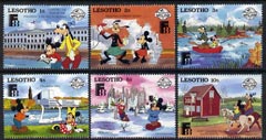 Lesotho 1988 Finlandia 88 short set of 6 vals to 10s featuring Disney characters in Finland unmounted mint, SG 810-17, stamps on disney, stamps on stamp exhibitions, stamps on fishing, stamps on birds, stamps on swans, stamps on photgraphy, stamps on horses