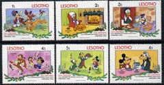 Lesotho 1983 Christmas short set to 6s with Walt Disney characters in scenes from Old Christmas unmounted mint, SG 554-59, stamps on disney, stamps on christmas, stamps on dancing