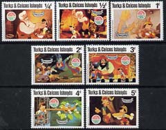 Turks & Caicos Islands 1980 Christmas short set to 5c (7 vals) unmounted mint showing scenes from Walt Disneys Pinocchio, SG 614-20, stamps on disney, stamps on christmas, stamps on fairy tales