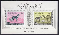 Afghanistan 1961 Farming Day perf m/sheet  unmounted mint, Mi Bl 8A, stamps on , stamps on  stamps on animals, stamps on  stamps on dogs, stamps on  stamps on afghan hound, stamps on  stamps on horses, stamps on  stamps on ovine, stamps on  stamps on sheep, stamps on  stamps on camels