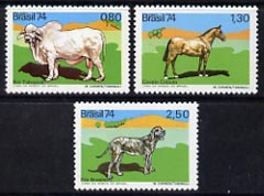 Brazil 1974 Domestic Animals set of 3 unmounted mint, SG 1517-19, stamps on animals, stamps on dogs, stamps on horses, stamps on bovine, stamps on cattle