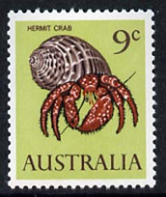 Australia 1966-73 Hermit Crab 9c from decimal def set unmounted mint, SG 390, stamps on marine life, stamps on crabs, stamps on shells