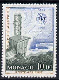 Monaco 1965 Monte Carlo television transmitter 10f unmounted mint, from ITU Centenary set, SG 830, stamps on , stamps on  itu , stamps on communications
