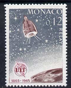 Monaco 1965 Relay satellite 12c unmounted mint, from ITU Centenary set, SG 821, stamps on , stamps on  itu , stamps on communications, stamps on space