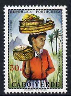 Cape Verde Islands 1968 Girl of Cape Verde carrying baskets of fruit 30e unmounted mint, SG 418, stamps on food, stamps on fruit