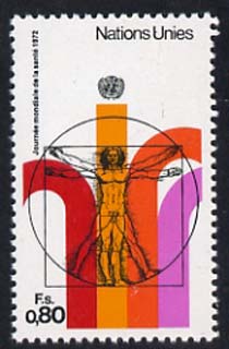 United Nations (Geneva) 1972 World Health Day 80c unmounted mint, SG G24, stamps on arts, stamps on leonardo da vinci