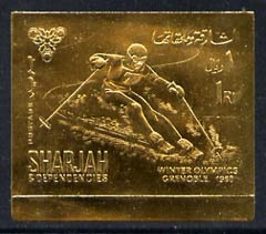 Sharjah 1968 Grenoble Winter Olympics 1R Skiing (Postage) embossed in gold foil, imperf unmounted mint, Mi 464B, stamps on olympics, stamps on skiing