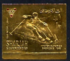 Sharjah 1968 Grenoble Winter Olympics 1R Skiing (Airmail) embossed in gold foil, imperf unmounted mint, Mi A464B, stamps on olympics, stamps on skiing