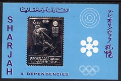 Sharjah 1971 Sapporo Winter Olympics 3R m/sheet Skier embossed in silver foil, unmounted mint, Mi BL88, stamps on olympics, stamps on skiing