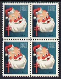 Cinderella - United States 1951 Christmas TB Seal unmounted mint block of 4, one stamp with Printer's Mark, stamps on cinderella, stamps on christmas, stamps on  tb , stamps on diseases