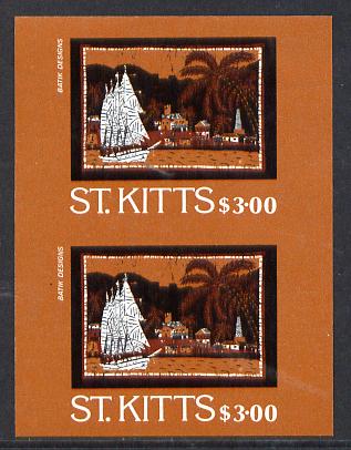 St Kitts 1985 Batik Designs 2nd series $3 (Schooner) imperf pair unmounted mint, SG 172var, stamps on ships  textiles 