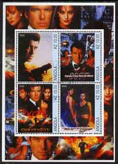 Angola 2002 James Bond (Pierce Brosnan) Movie Posters perf sheetlet containing 4 values fine cto used, stamps on movies, stamps on films, stamps on  spy , stamps on cinena