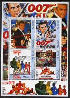 Angola 2002 James Bond (Sean Connery) Movie Posters perf sheetlet containing 4 values fine cto used, stamps on movies, stamps on films, stamps on  spy , stamps on cinena, stamps on scots, stamps on scotland