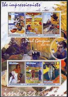 Afghanistan 2001 The Impressionists - Paul Gauguin perf sheetlet containing set of 6 values unmounted mint, stamps on arts, stamps on gauguin